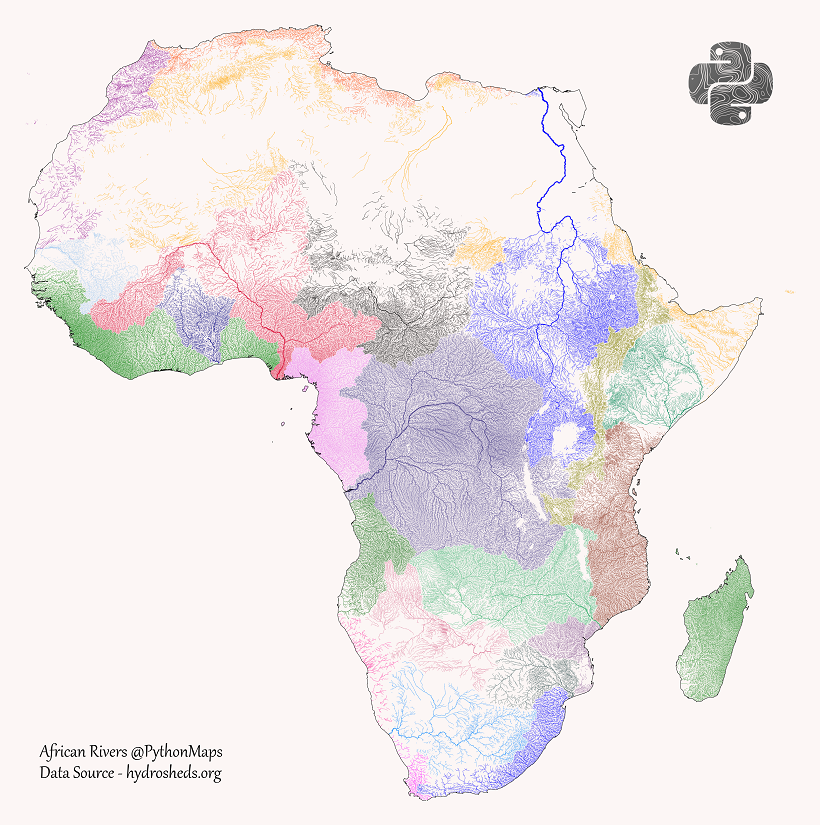 mapa de cuencas de drenaje de ríos en África