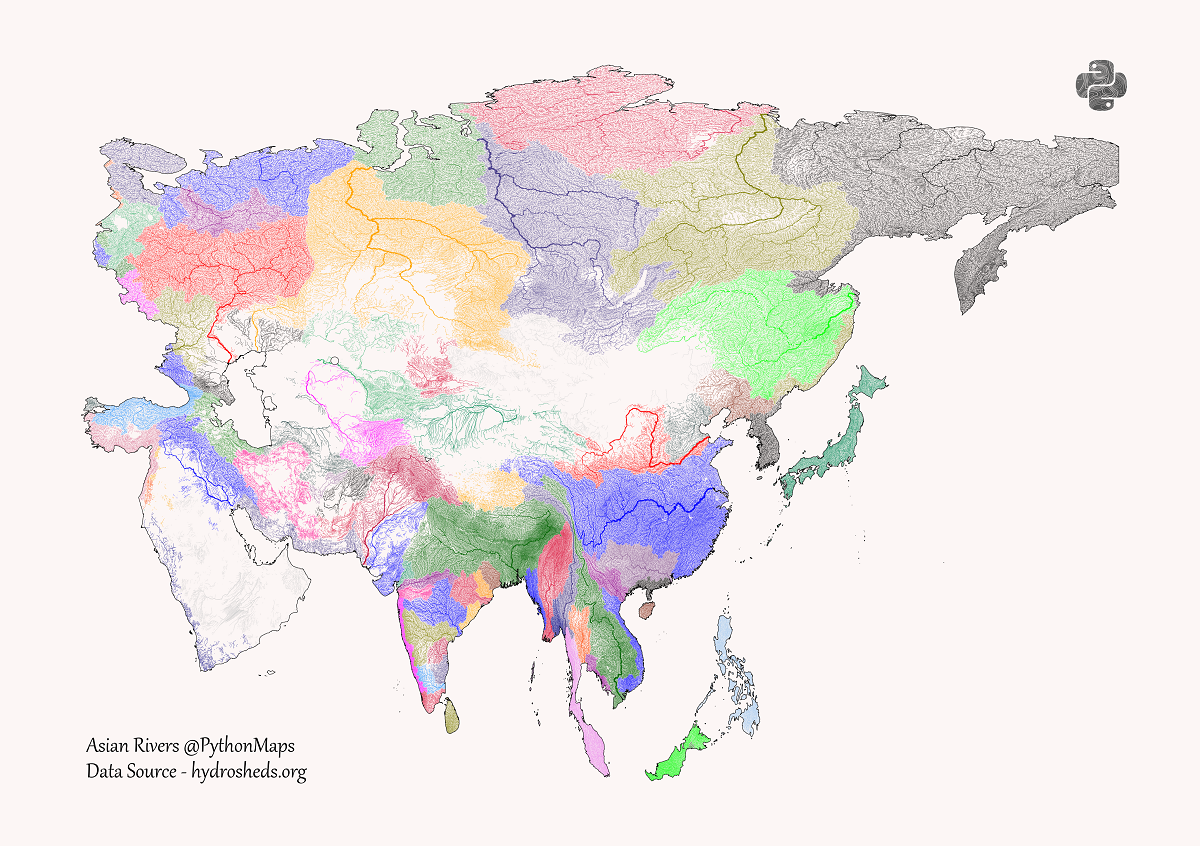 mapa de cuencas de drenaje de ríos en Asia