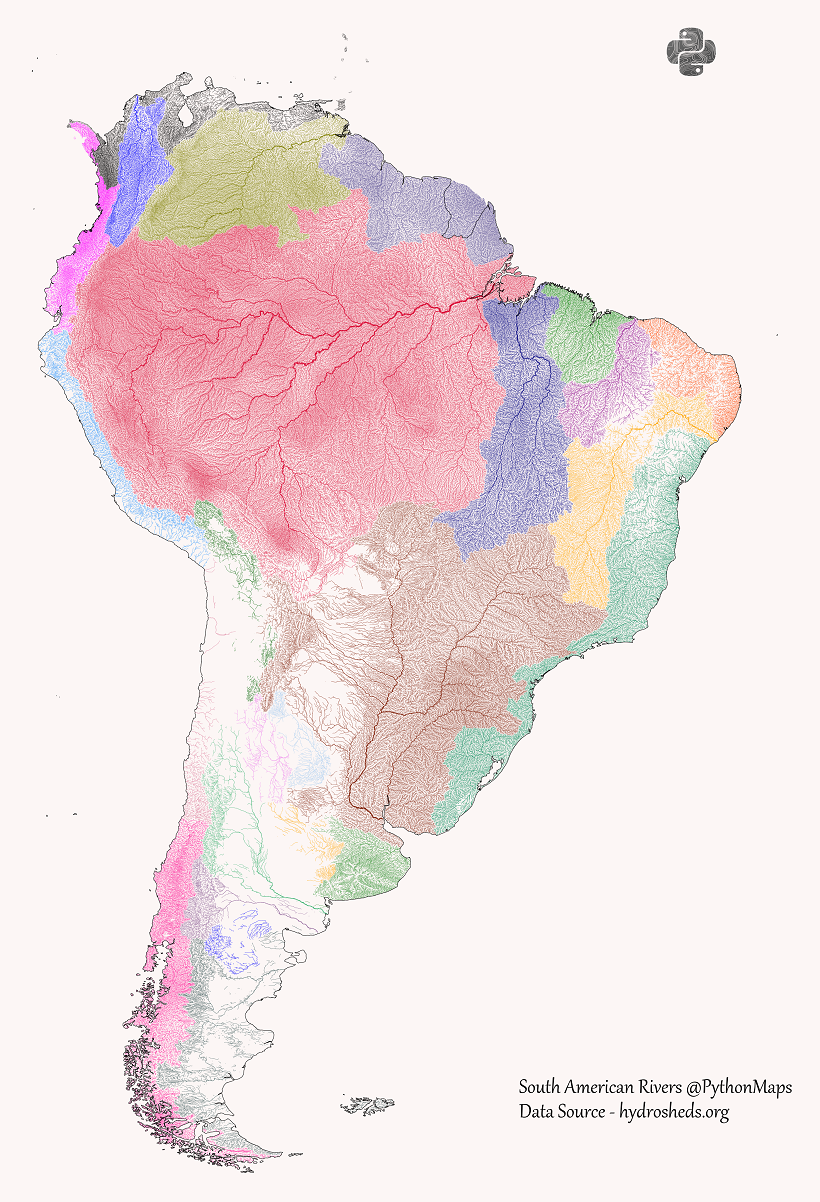 mapa de cuencas hidrográficas de América del Sur