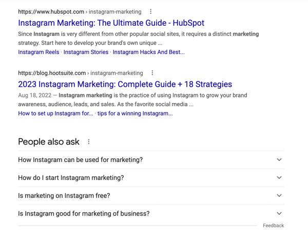 Resultados de búsqueda de Google para marketing en Instagram