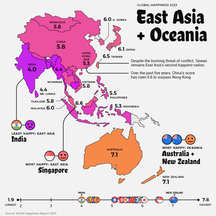 países más felices del mundo 2023 - mapa de Asia oriental