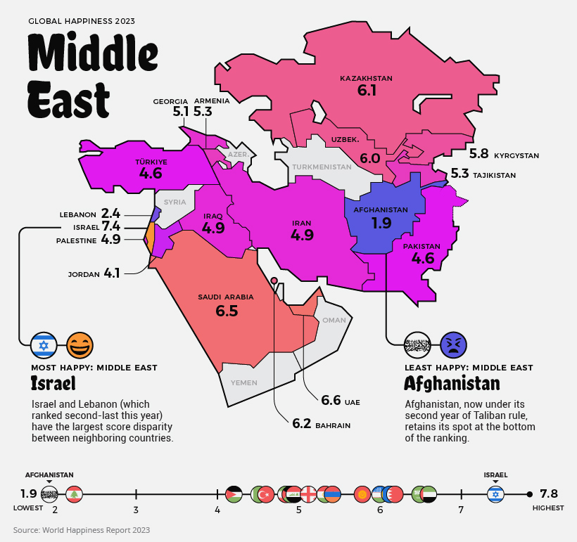 países más felices del mundo 2023 - mapa de Oriente Medio