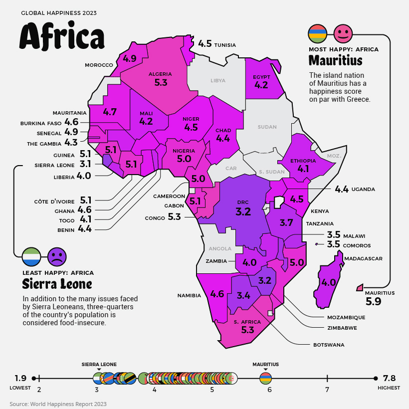 países más felices del mundo 2023 - mapa de África