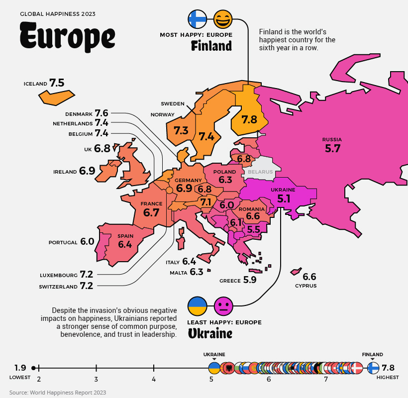 países más felices del mundo 2023 - mapa de Europa