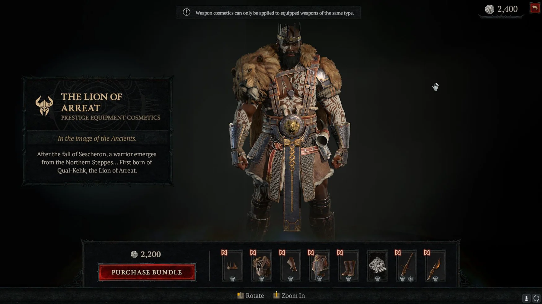 Captura de pantalla de la tienda de Diablo IV, que muestra el conjunto cosmético Lion of Arreat para bárbaros.  