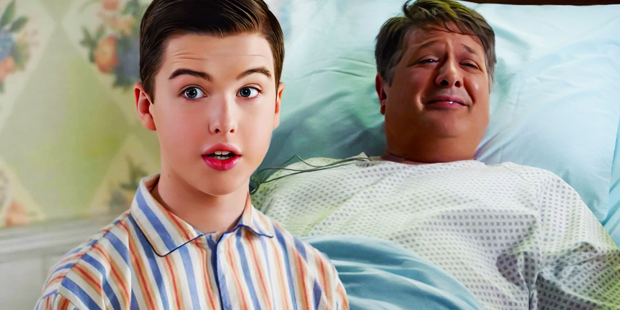 Young Sheldon y George mientras están confinados en el hospital después de su ataque al corazón