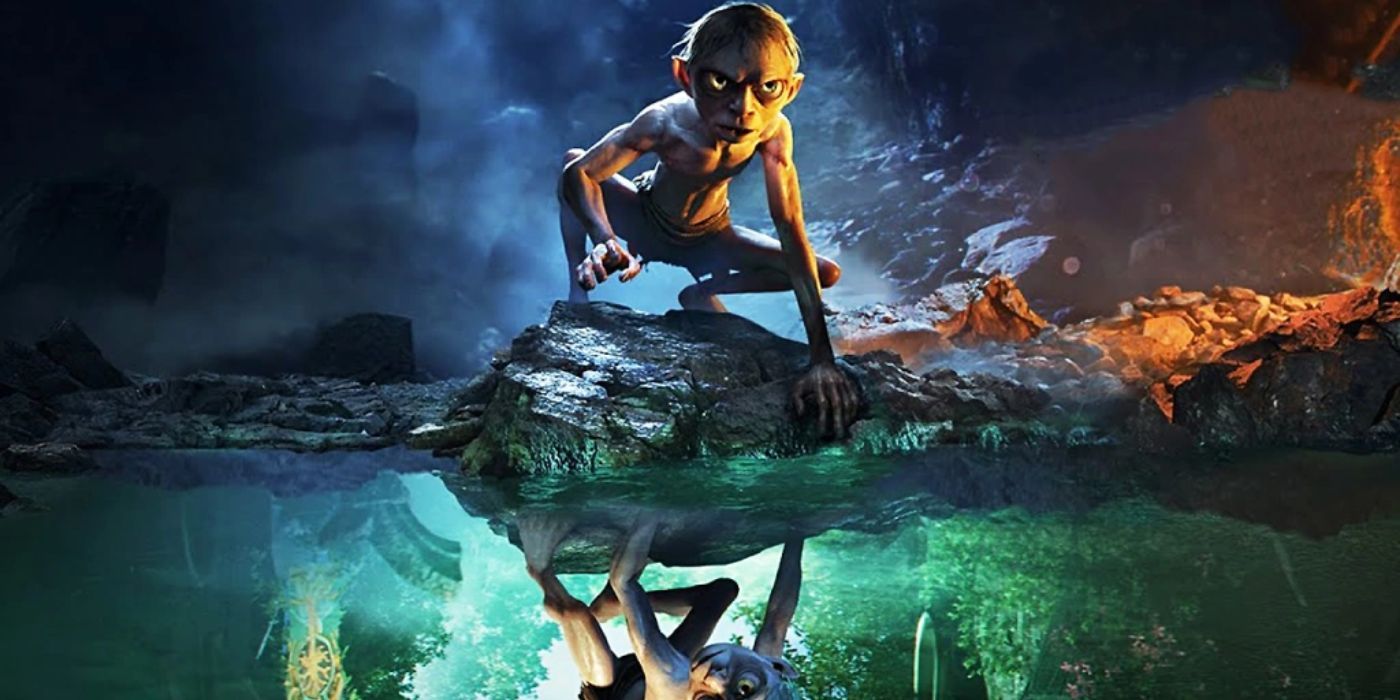 El juego Gollum de El señor de los anillos, que muestra a Gollum agachado sobre una roca junto al agua, su reflejo en el agua muestra una escena mucho más feliz.