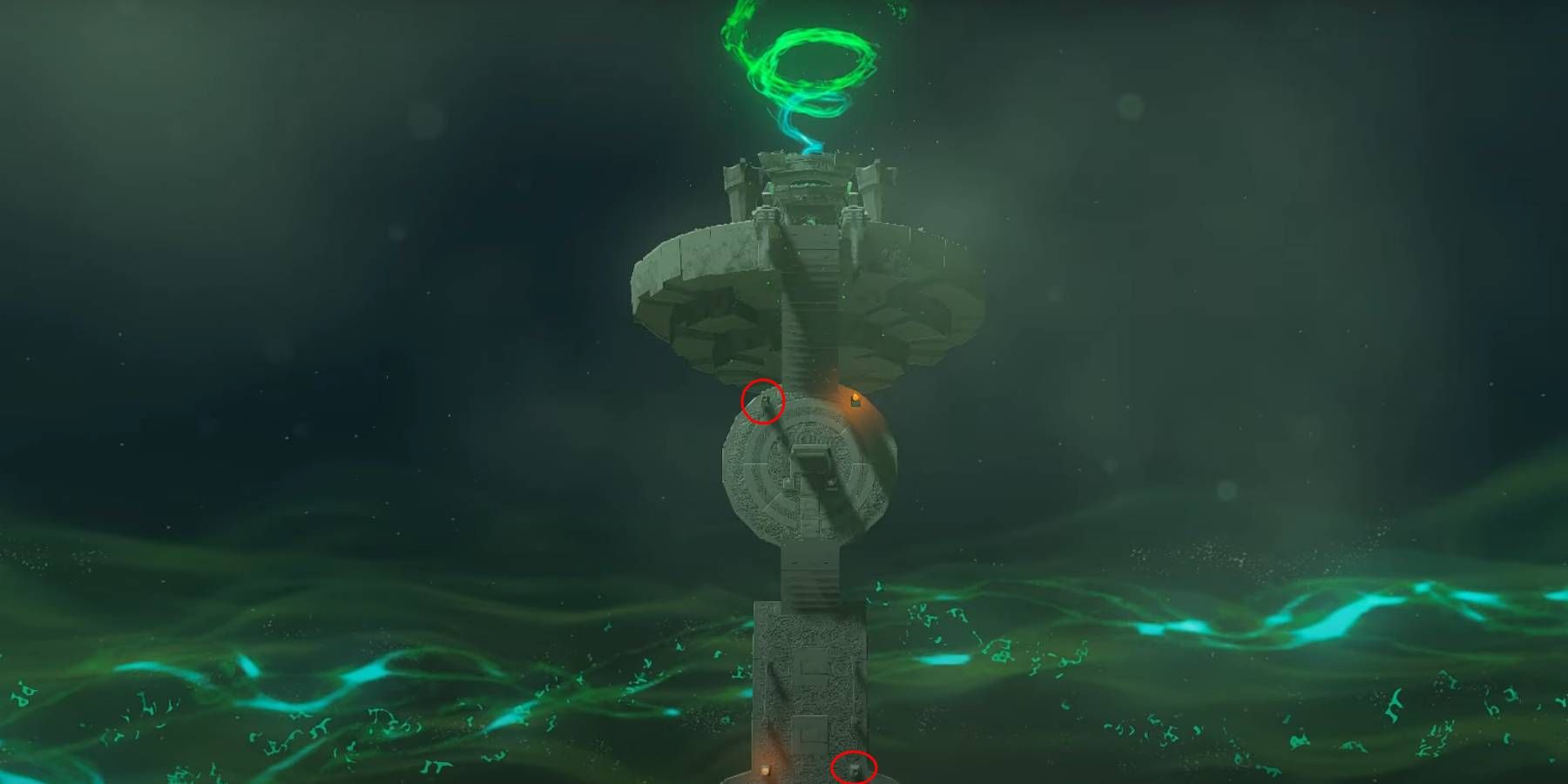 Zelda: Tears of the Kingdom Siyamotsus Shrine Unlit Blessing Challenge Tower con las ubicaciones de las antorchas marcadas