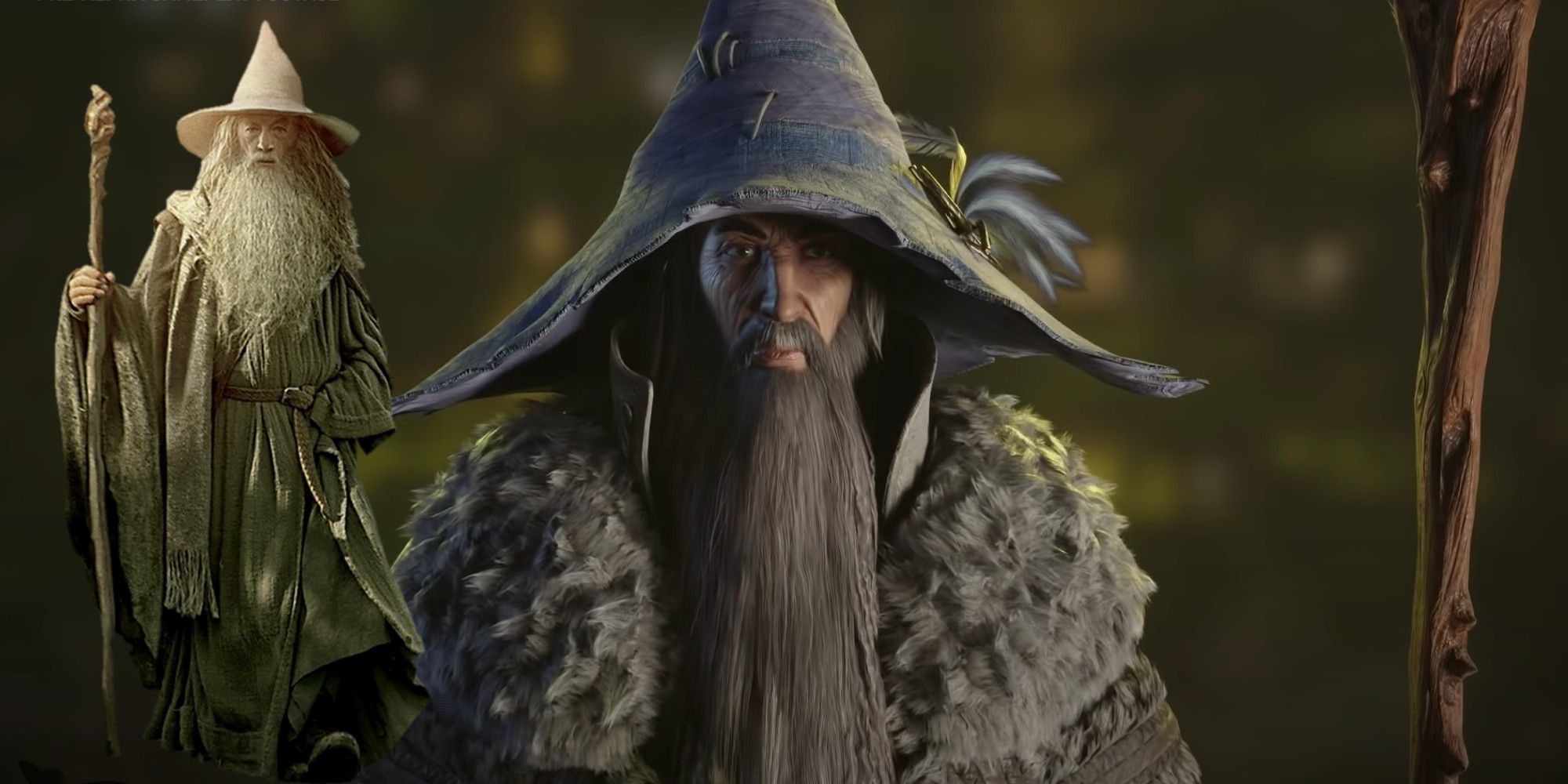 Gandalf de las películas de El señor de los anillos superpuesto a una imagen de Gandalf del juego Gollum de El señor de los anillos