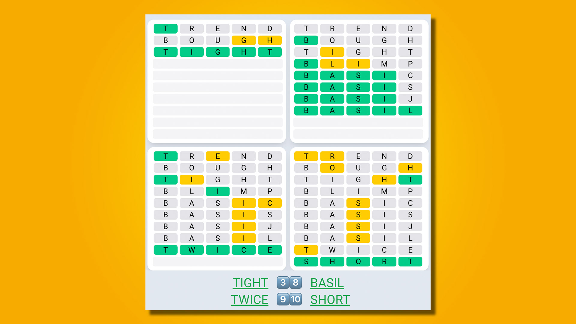 Respuestas de la secuencia diaria de Quordle para el juego 484 sobre un fondo amarillo