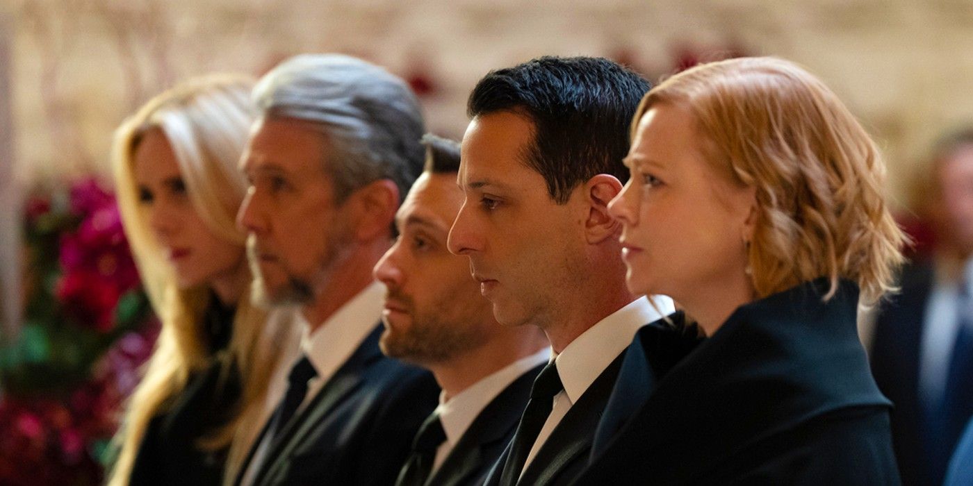 Willa, Connor, Roman, Kendall y Shiv en el funeral de Logan en la temporada 4 de Succession