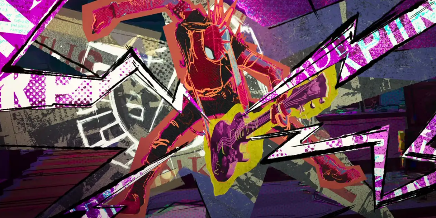 Spider-Punk tocando guitarra en una escena de Spider-Man: Across the spider-Verse's trailer.