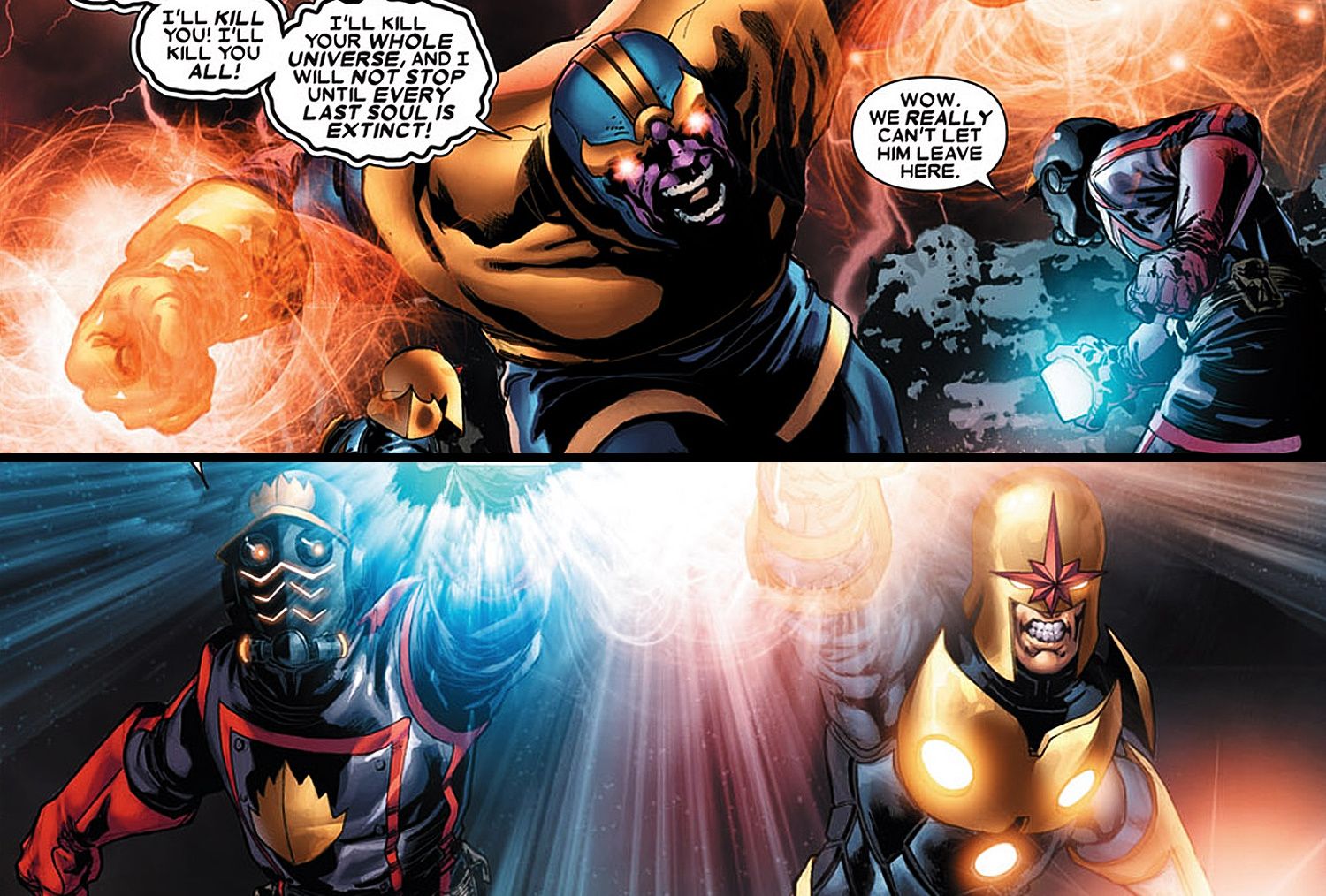 Star-Lord y Nova Death Fighting Thanos