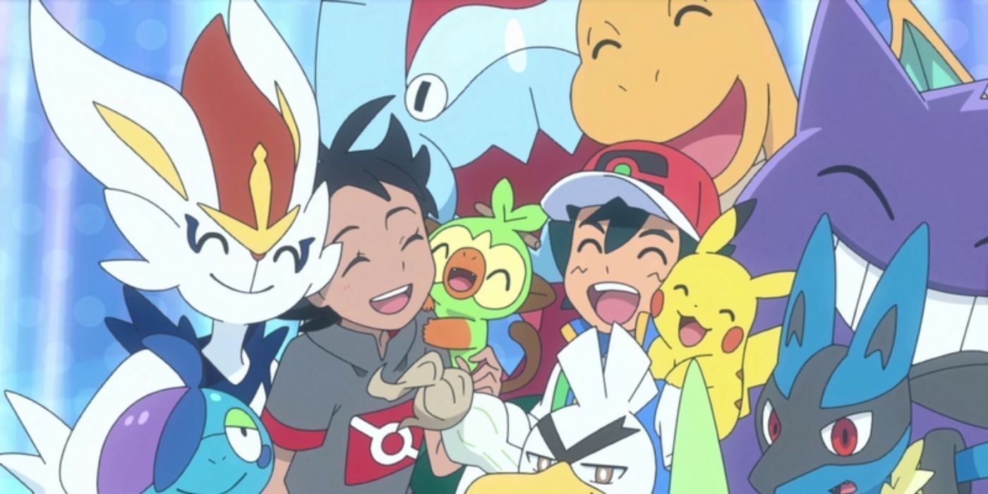Ash y Goh rodeados de sus Pokémon en el anime Pokémon Journeys
