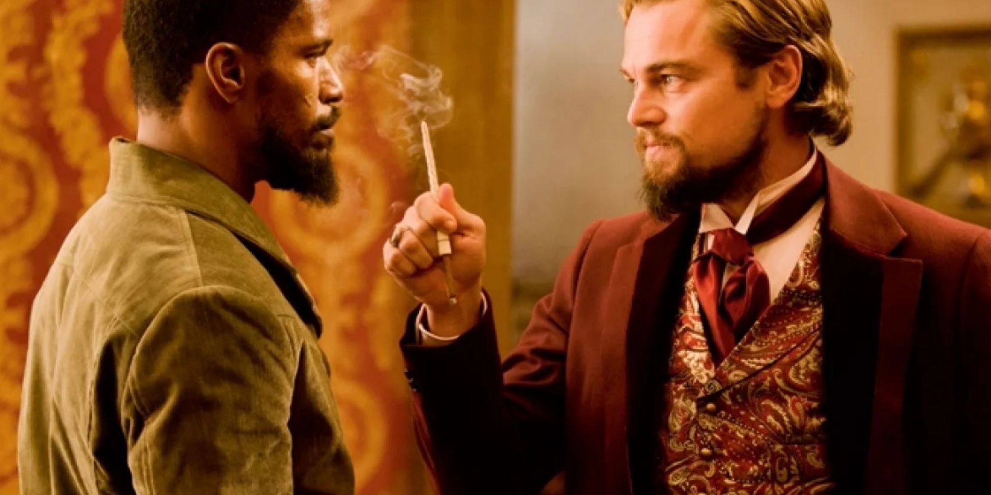 Django (Jamie Foxx) squares off with Calvin Candie (Leonardo DiCaprio) in 'Django Unchained' (2012)