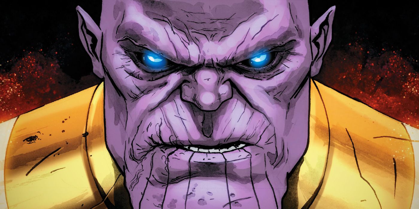 Cara de Thanos en cómics con ojos brillantes