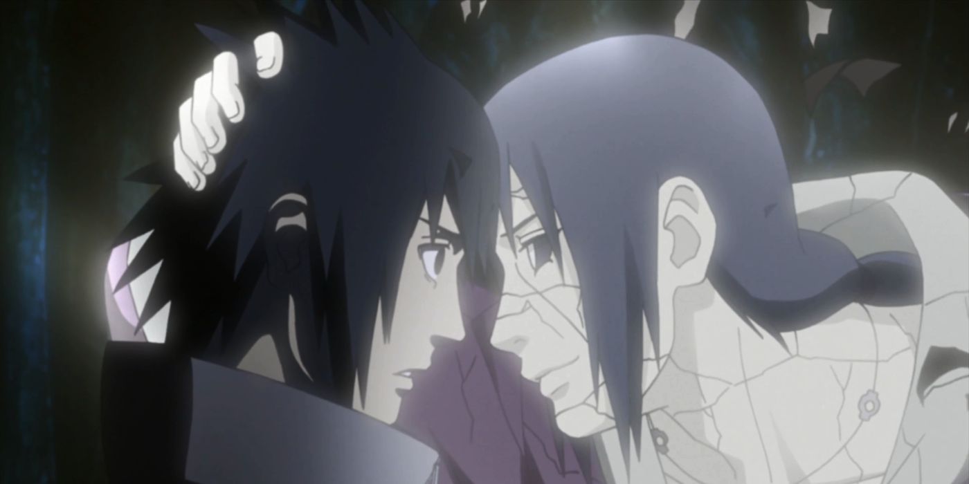 Sasuke e Itachi en Naruto, con Itachi sosteniendo con amor la cabeza de su hermano.