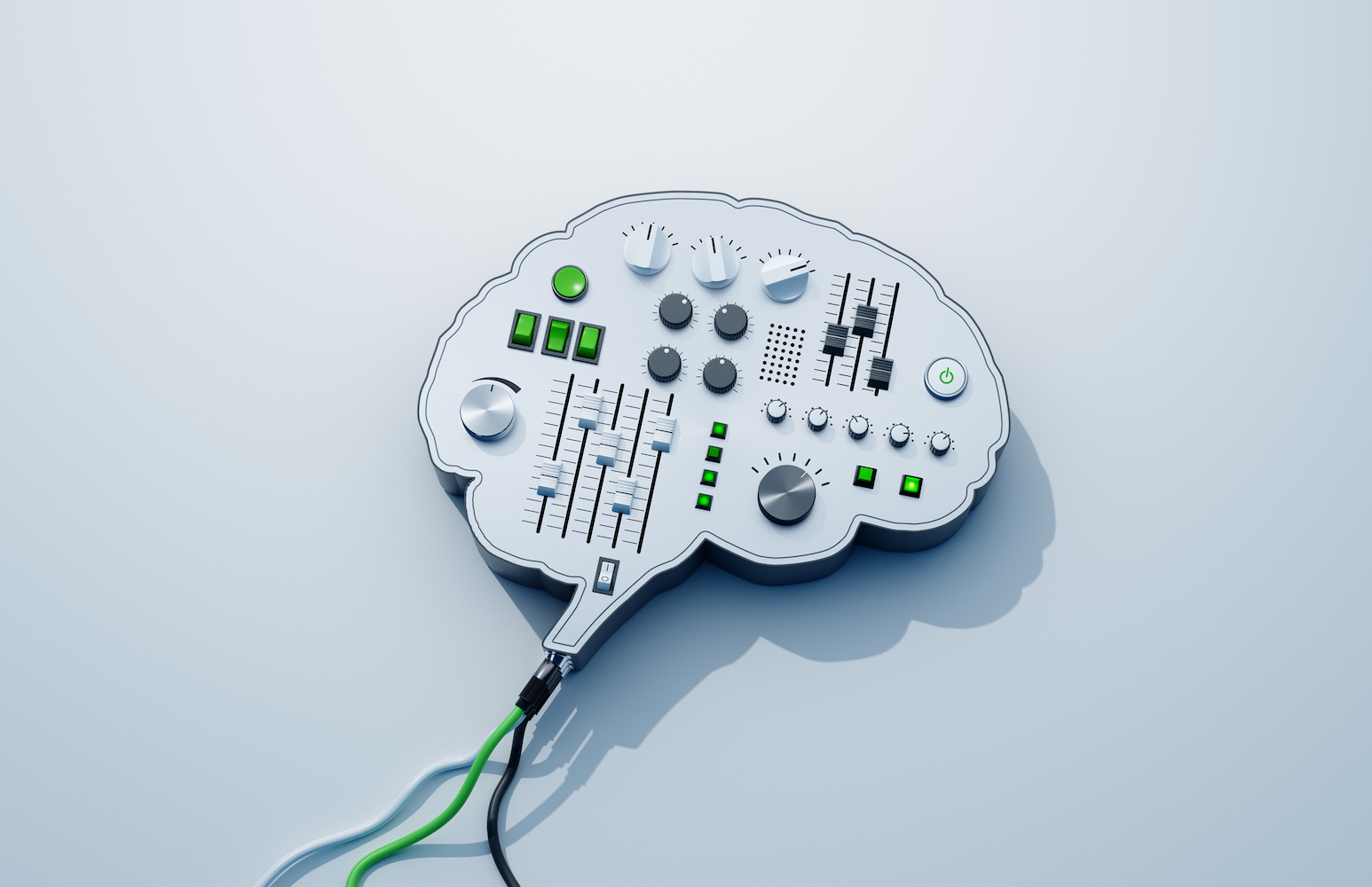 Imagen generada digitalmente de una consola con forma de cerebro con botones y perillas.