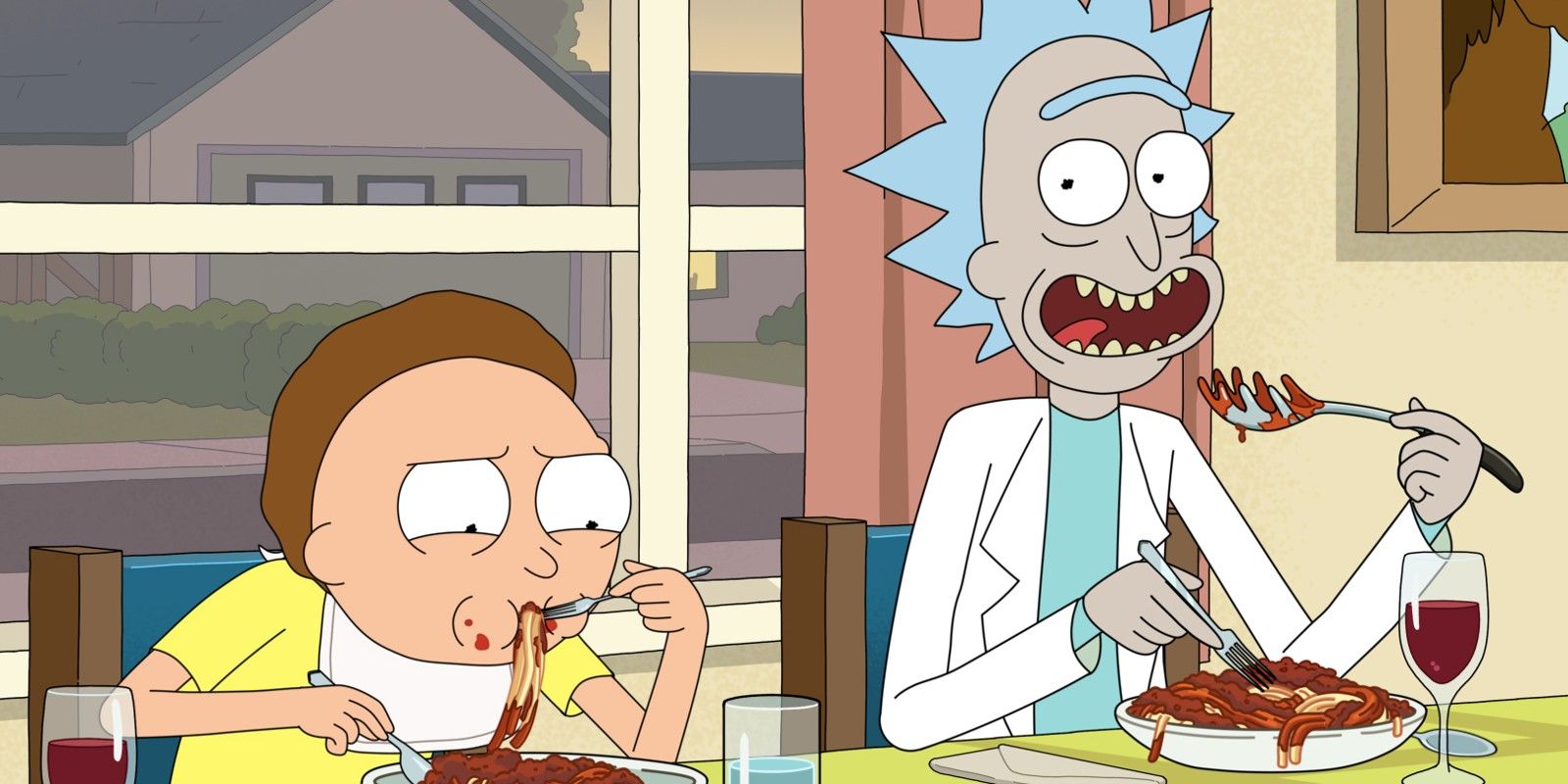 Rick y Morty comiendo espaguetis