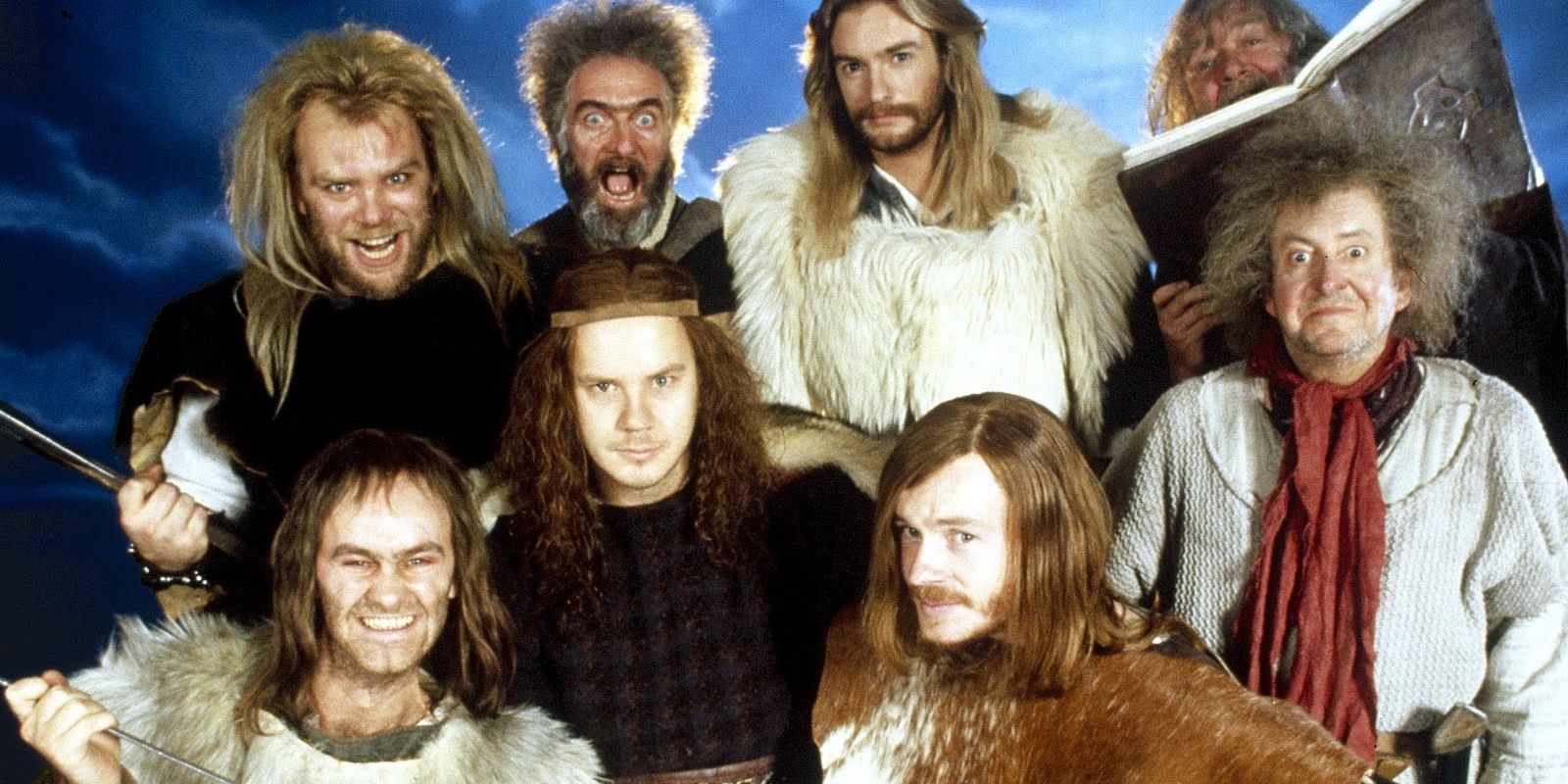 The cast of Erik the Viking pose for a promotional image.