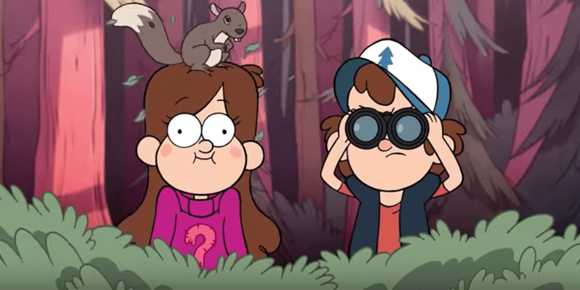Dipper and Mabel watching from bushes in 'Gravity Falls'