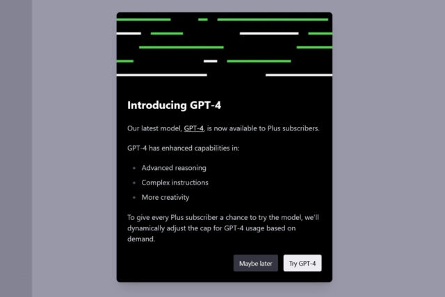 Una captura de pantalla de la presentación de GPT-4 a los clientes de ChatGPT Plus del 14 de marzo de 2023.
