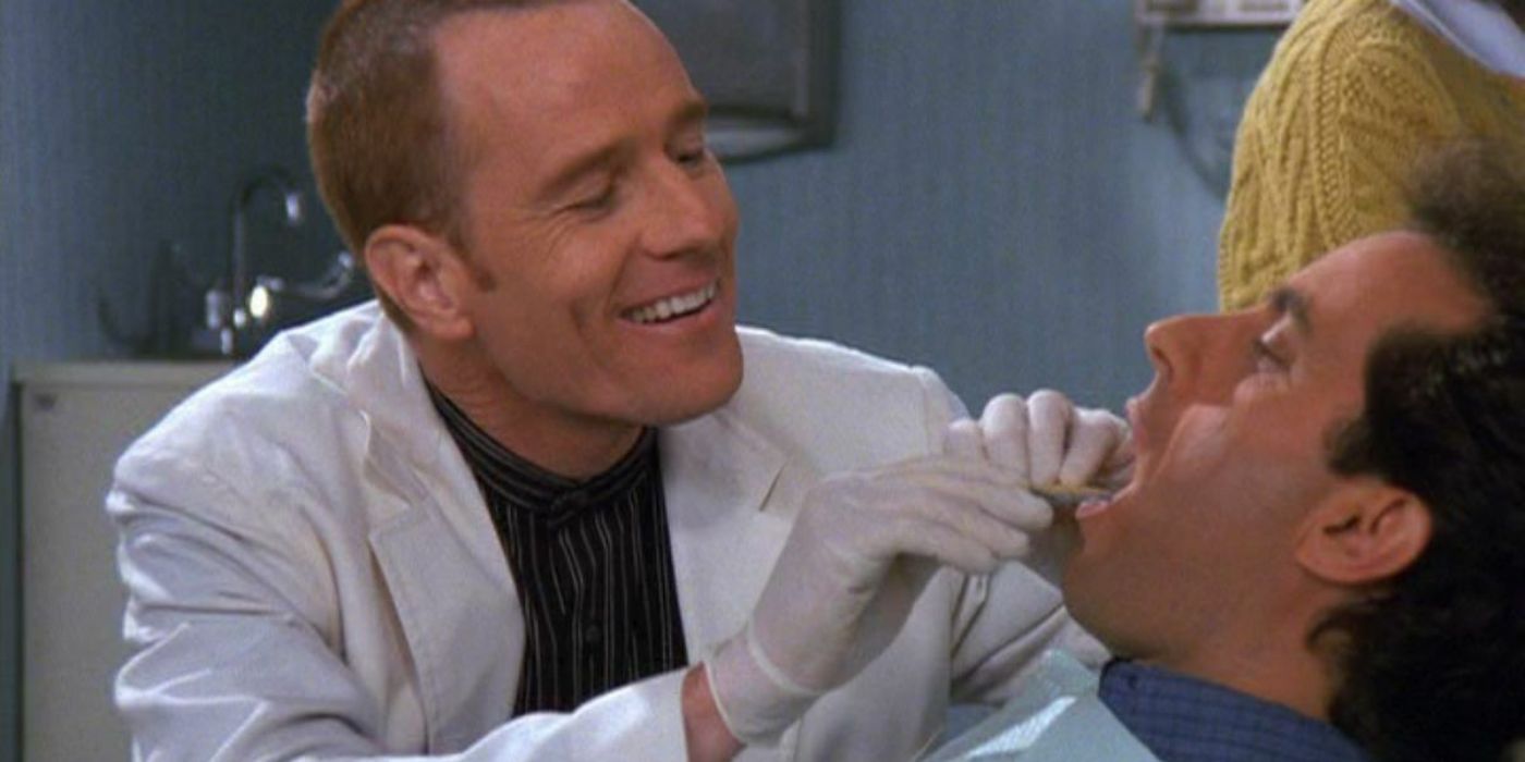 Bryan Cranston as dentist Tim Whatley working on Jerry Seinfeld's teeth on Seinfeld 