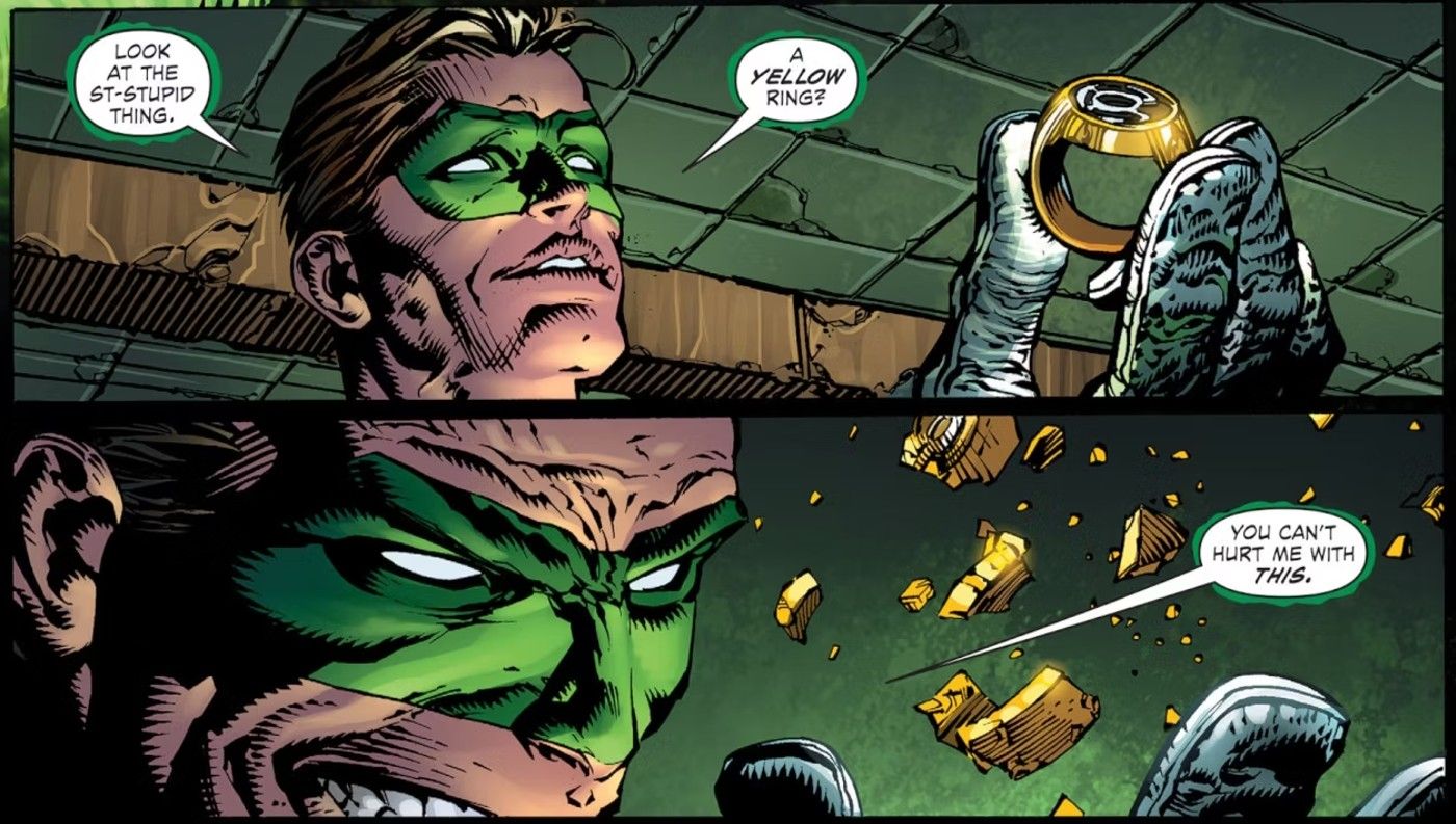 Paneles de cómic: un superhéroe blanco con una máscara verde (Green Lantern) rompe un anillo de poder amarillo.