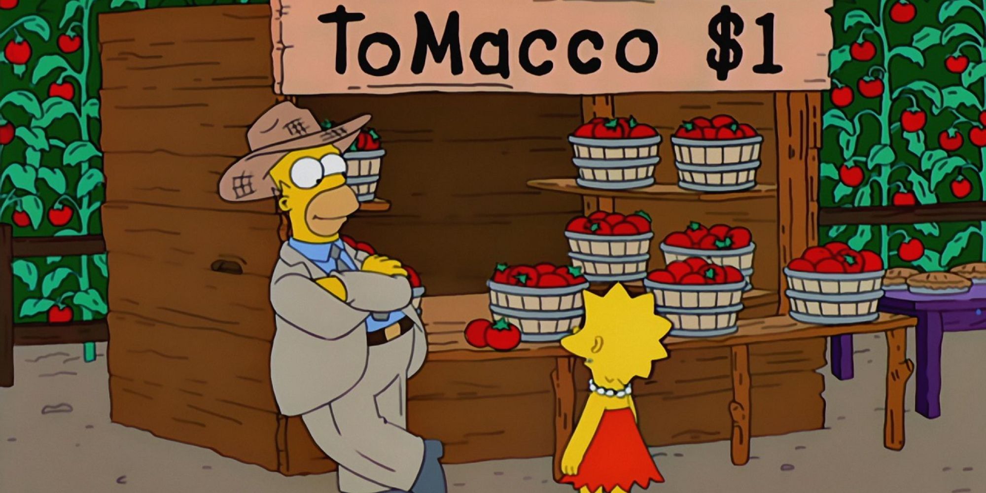 Homer and Lisa by the Tomacco stall in The Simpsons