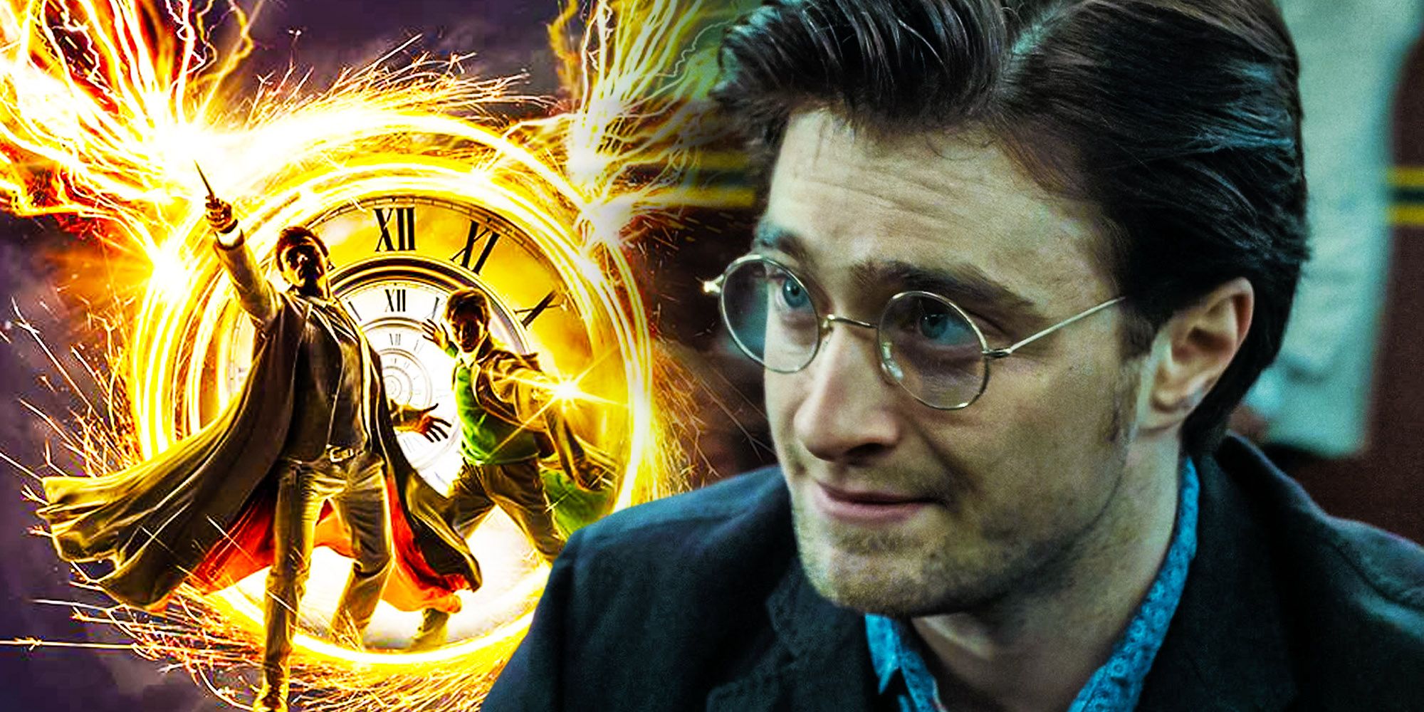 Imagen dividida de Daniel Radcliffe como el Viejo Harry Potter en Las Reliquias de la Muerte Parte 2 y arte promocional de dos magos de El Niño Maldito