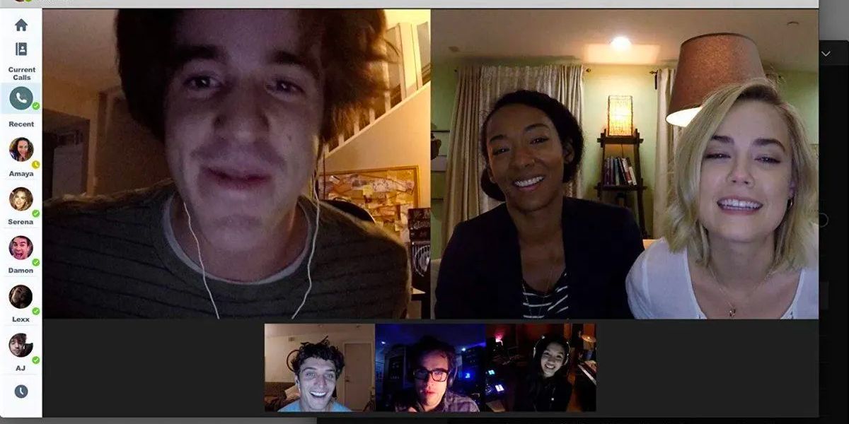 A group of friends chat to each other through their webcams on a skype call in the horror movie 'Unfriended: Dark Web'