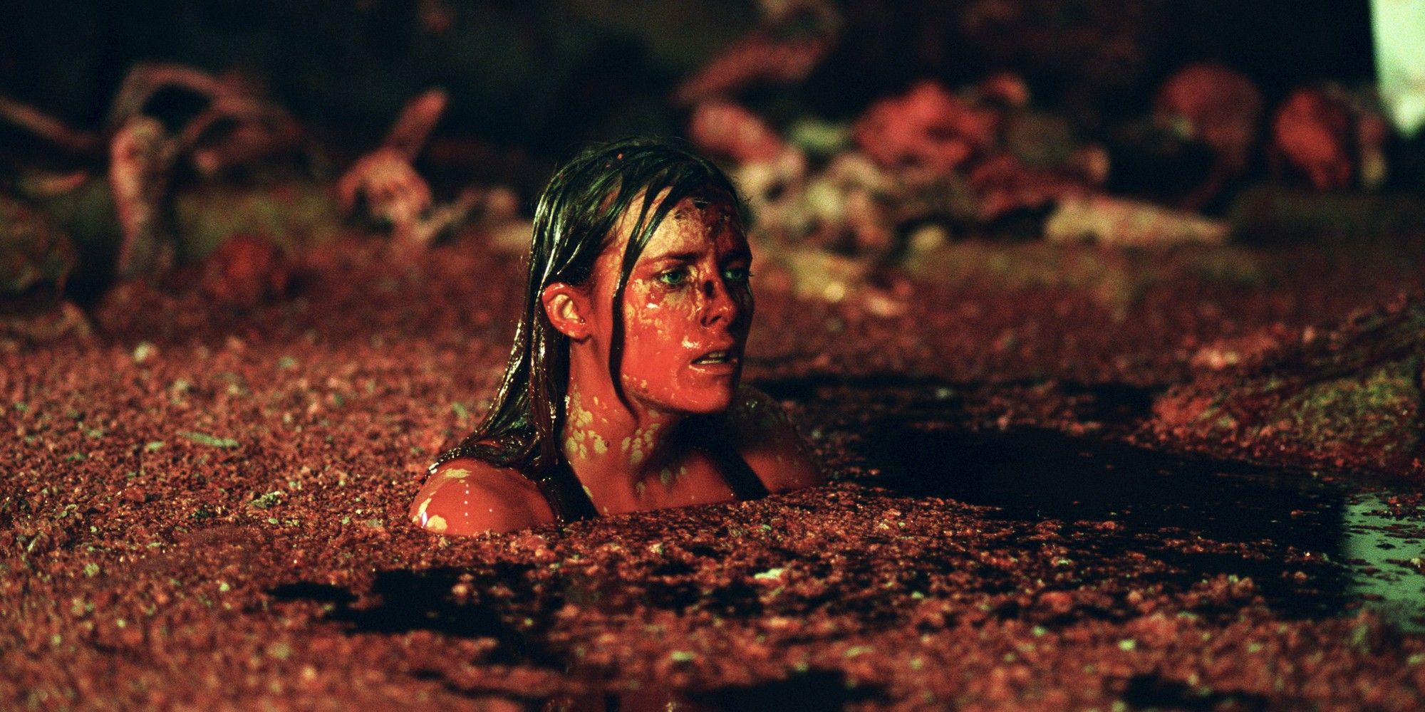 Shauna Macdonald surrounded by a red liquid in The Descent