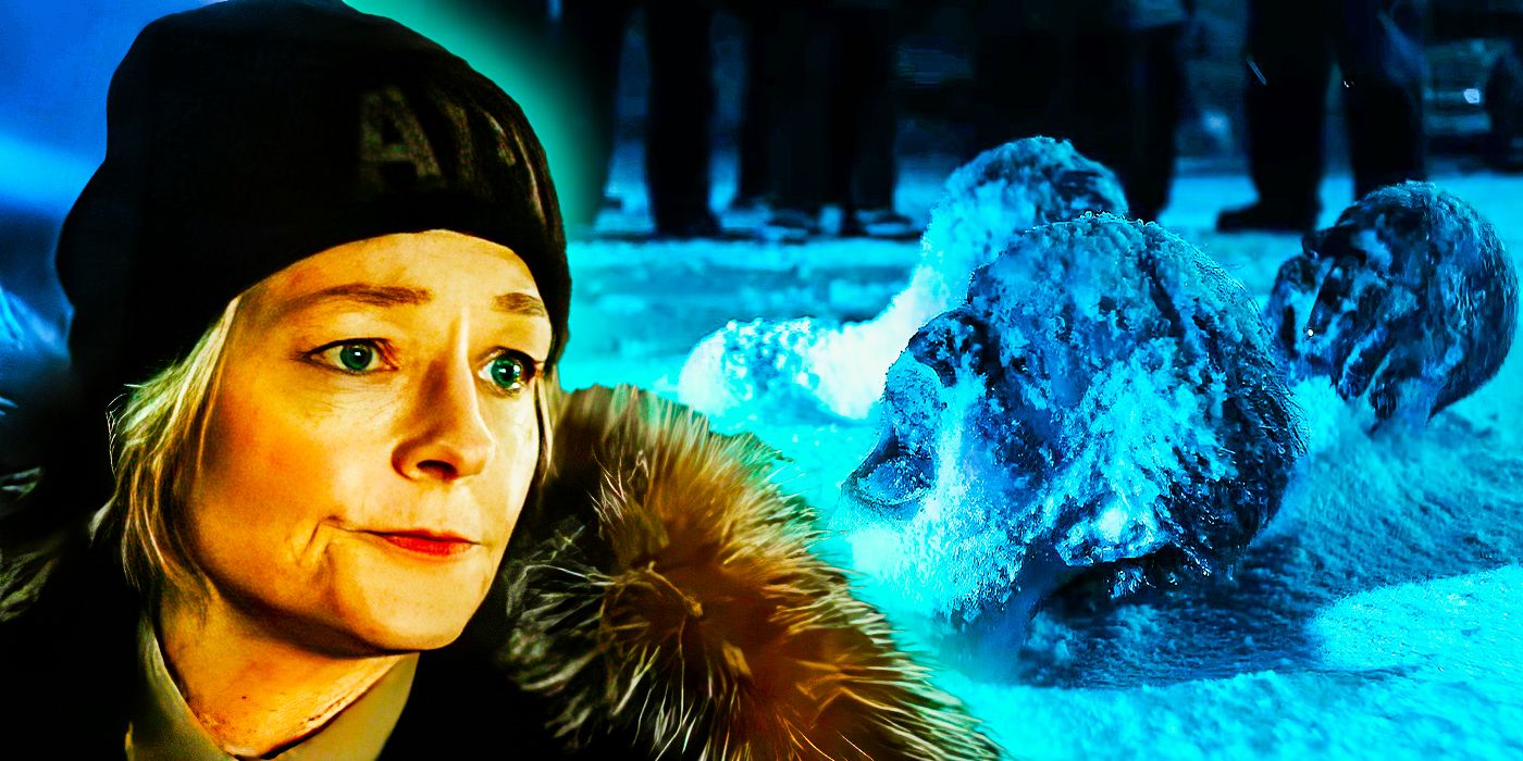 a picture of Jodie Foster as Liz Danvers against an image of a frozen body From True Detective Season 4