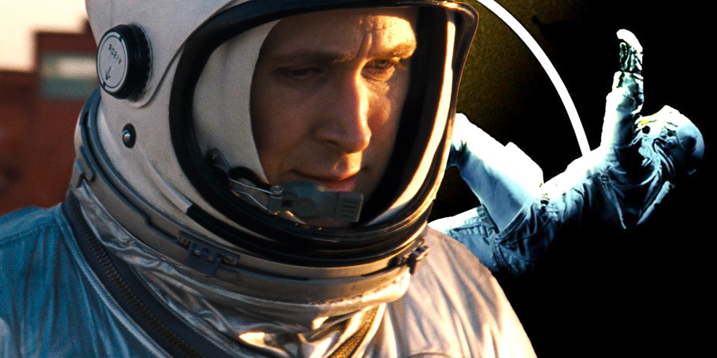 Ryan Gosling con un traje de astronauta de The First Man con la portada del libro de su próxima película Project Hail Mary