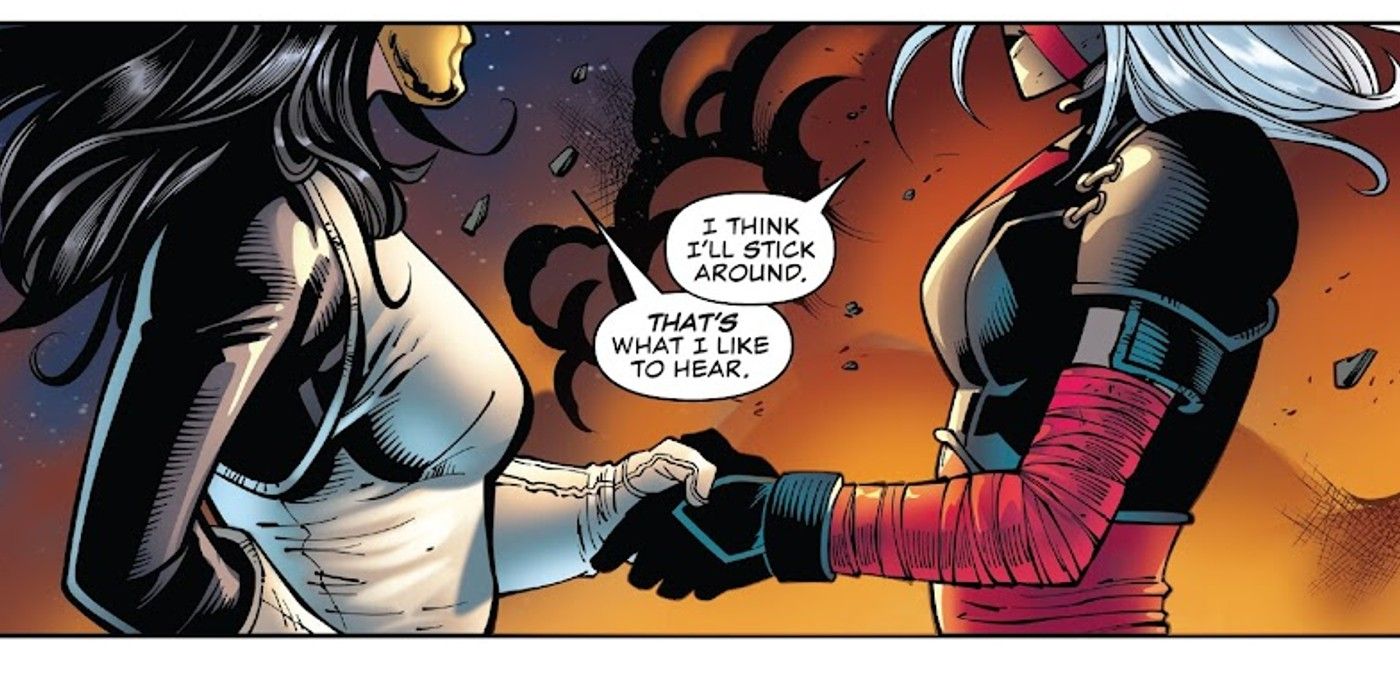Bellona, ​​la hija de Wolverine, y Madame Masque se dan la mano