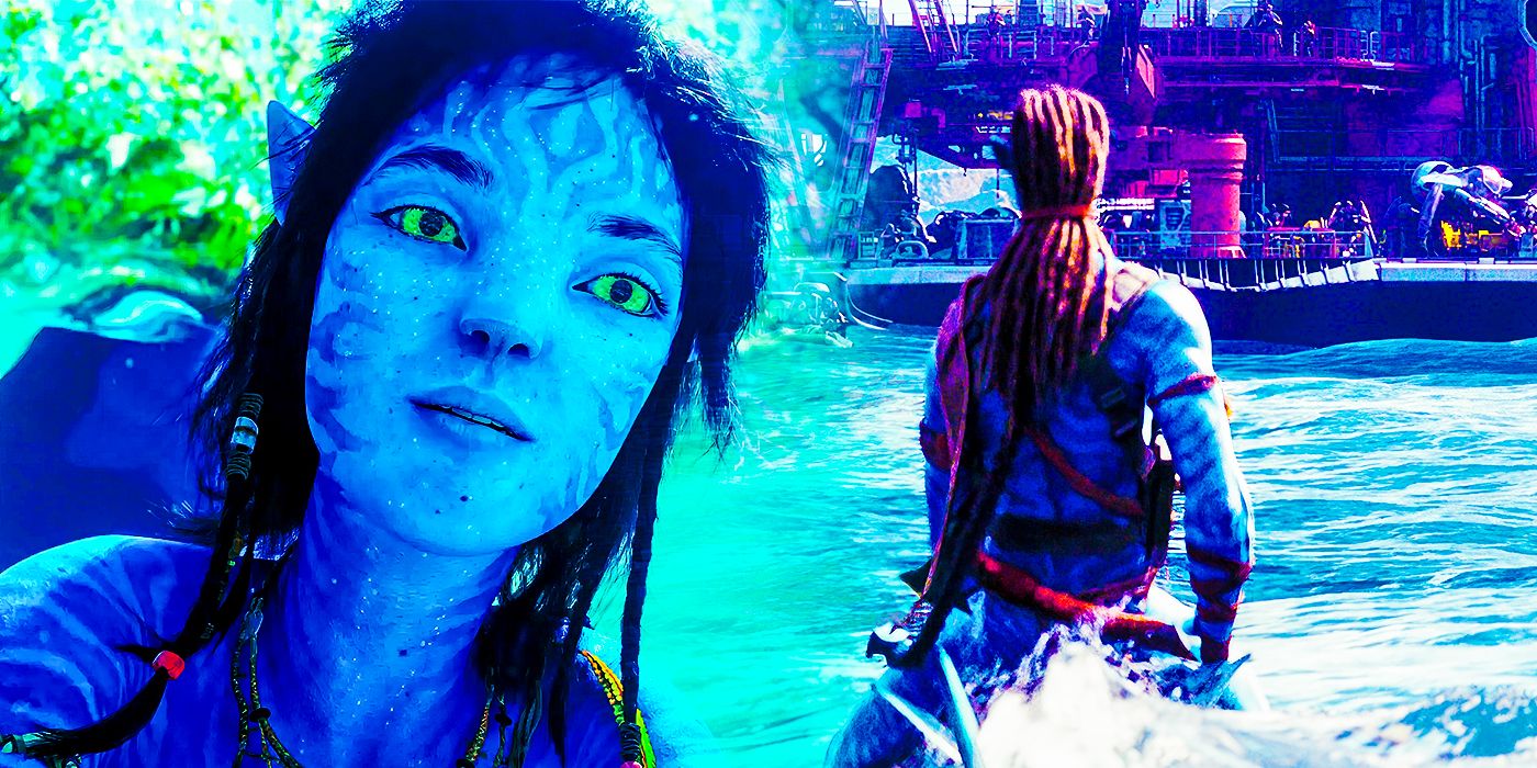 Collage de Kiri (Sigourney Weaver) y Jake (Sam Worthington) en Avatar: El Camino del Agua 