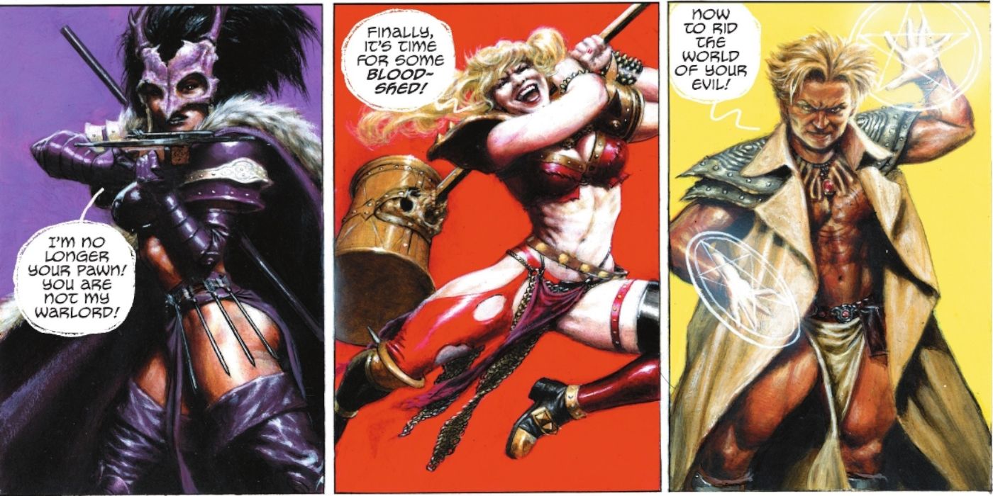 Paneles de cómics: Huntress, Harley Quinn y John Constantine con trajes bárbaros