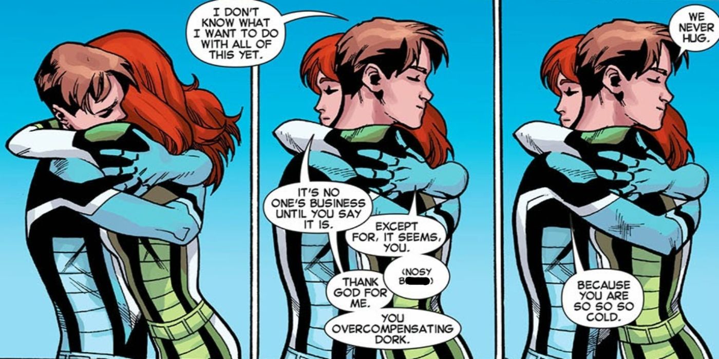 Iceman y Jean Grey se abrazan después de que Iceman se declarara gay.
