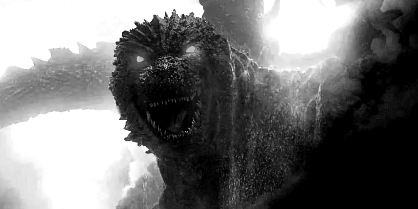 Godzilla con ojos brillantes en blanco y negro en Godzilla Minus One