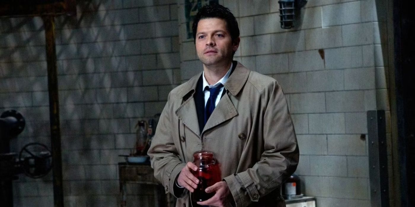 Castiel stands with a jar of blood in 'Supernatural'.