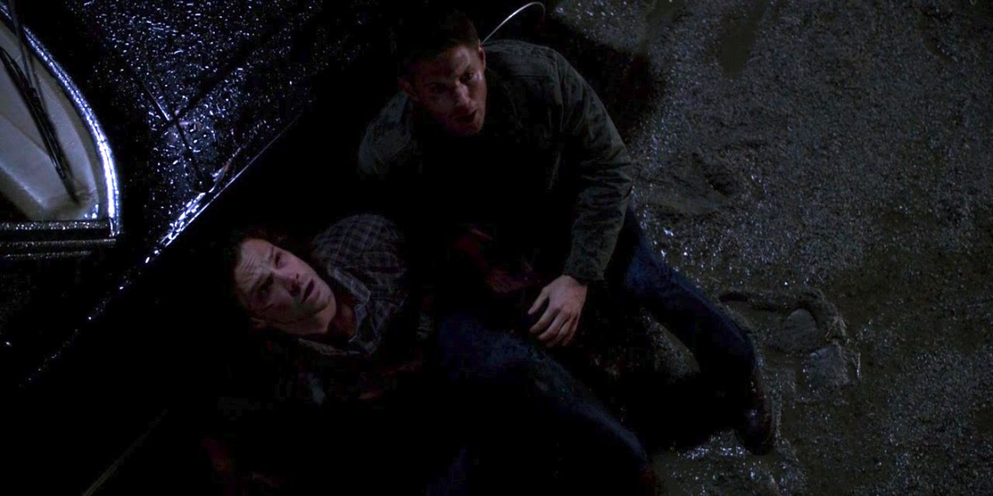 Sam and Dean sit by the Impala, looking up at the sky shocked as the angels fall from Heaven.