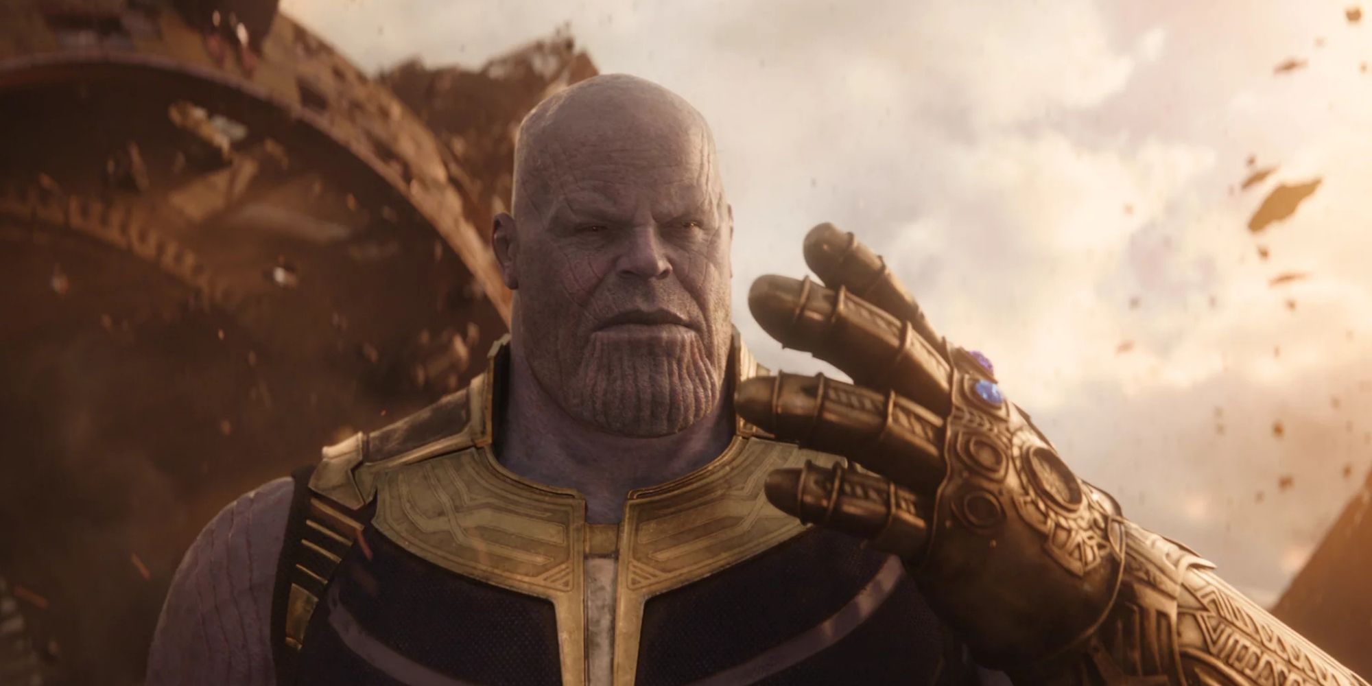 James Brolin as Thanos with a half-full Infinity Gauntlit in Avengers: Infinity War