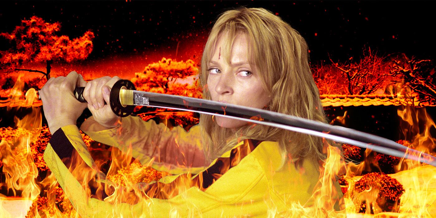 Una imagen personalizada de Uma Thurman en Kill Bill, rodeada de llamas