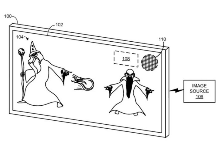 Dos magos de dibujos animados pelean en una imagen de una patente de Microsoft.