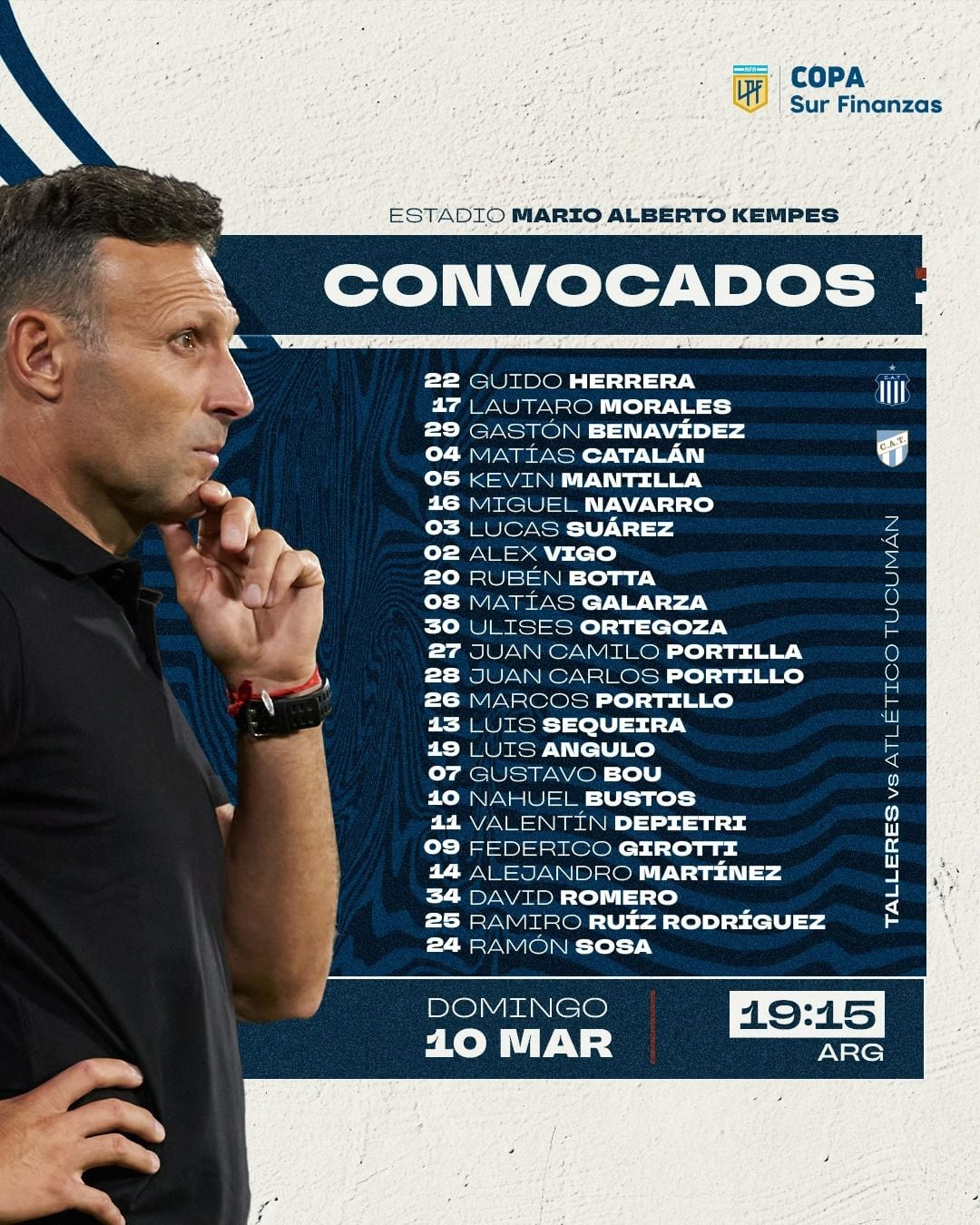Talleres will face bottom team Atlético Tucumán, in principle without rotation.