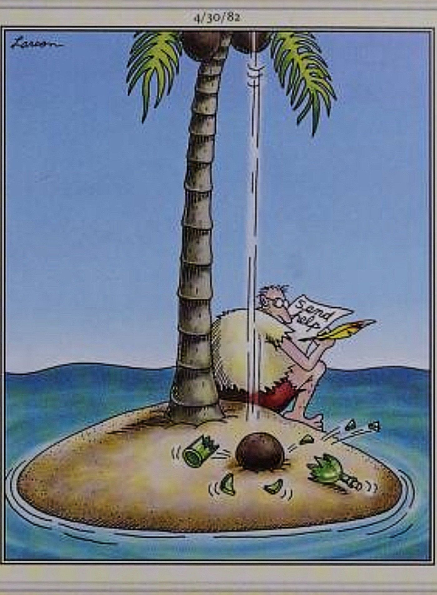 Far Side, coconut falls out of tree and smashes bottle before man on desert island can finish writing note