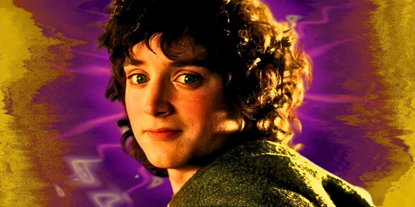 Elijah Wood como Frodo Baggins en El Señor de los Anillos sobre un fondo morado y amarillo