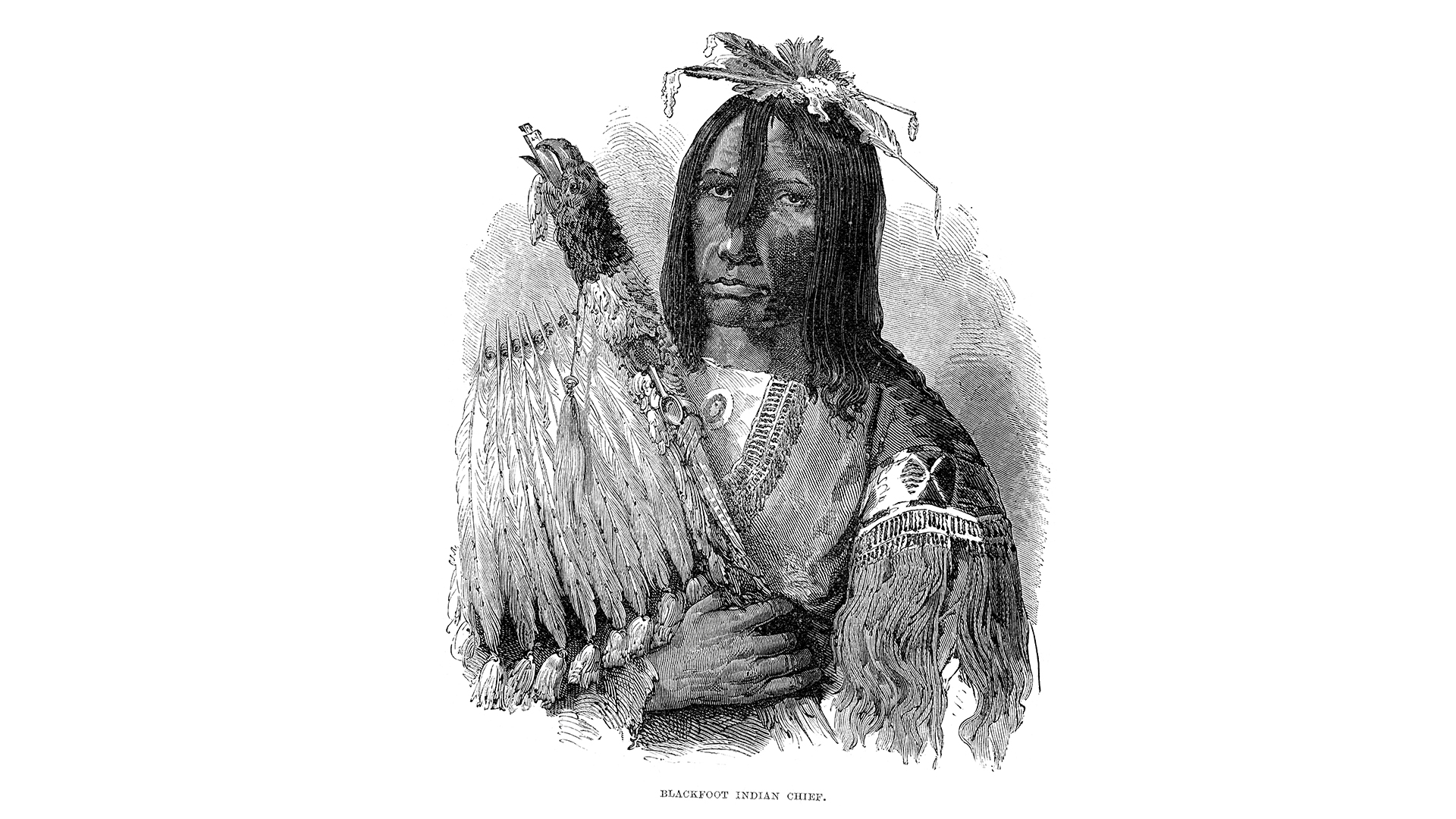 Grabado antiguo que muestra un jefe nativo americano Blackfoot (NiitsÃtapi), 1873.