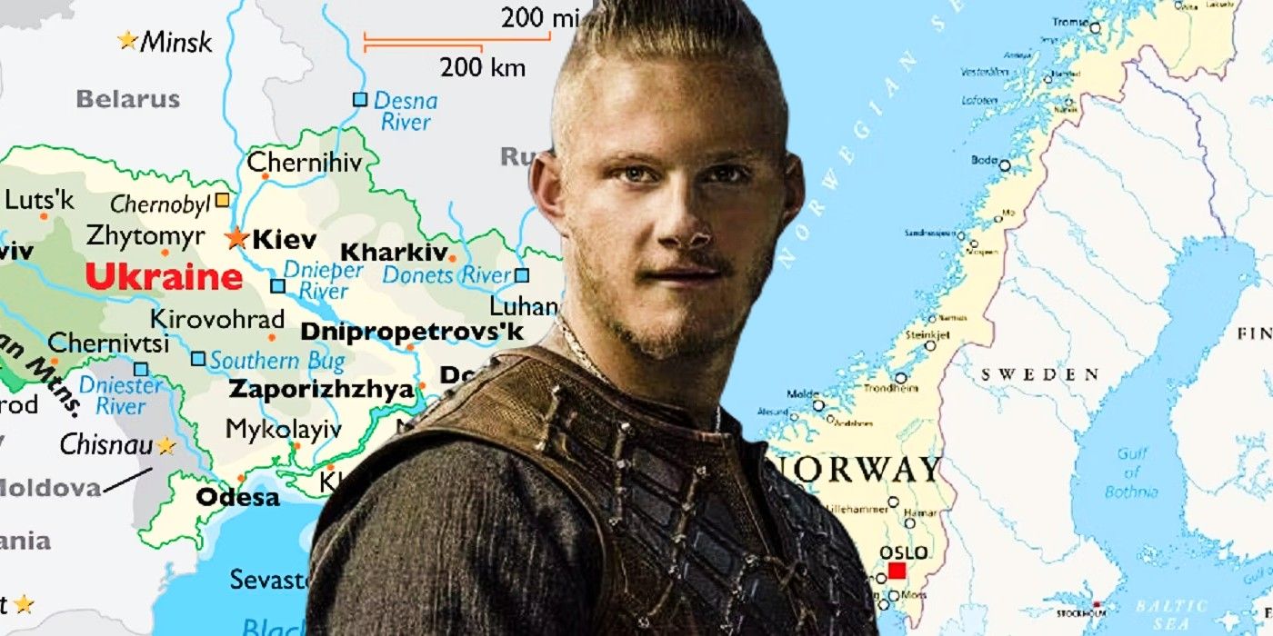 Imagen combinada de Bjorn de Vikings y un mapa mundial