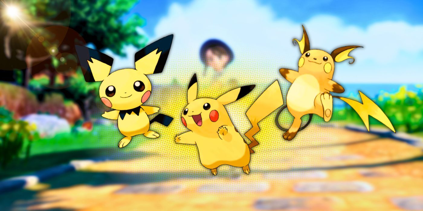 Pichu, Pikachul y Raichu sobre un fondo de Pokémon Escarlata y Violeta